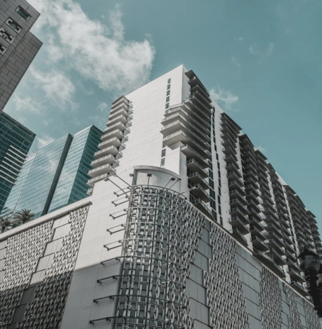 Modern high-rise residential building with balconies